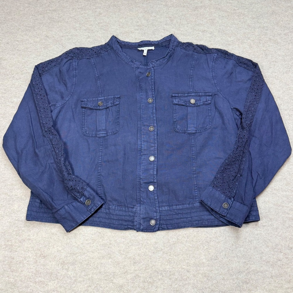 Maurices Navy Blue Linen Blend Eyelet Sleeve Snap Front Utility Jacket XL